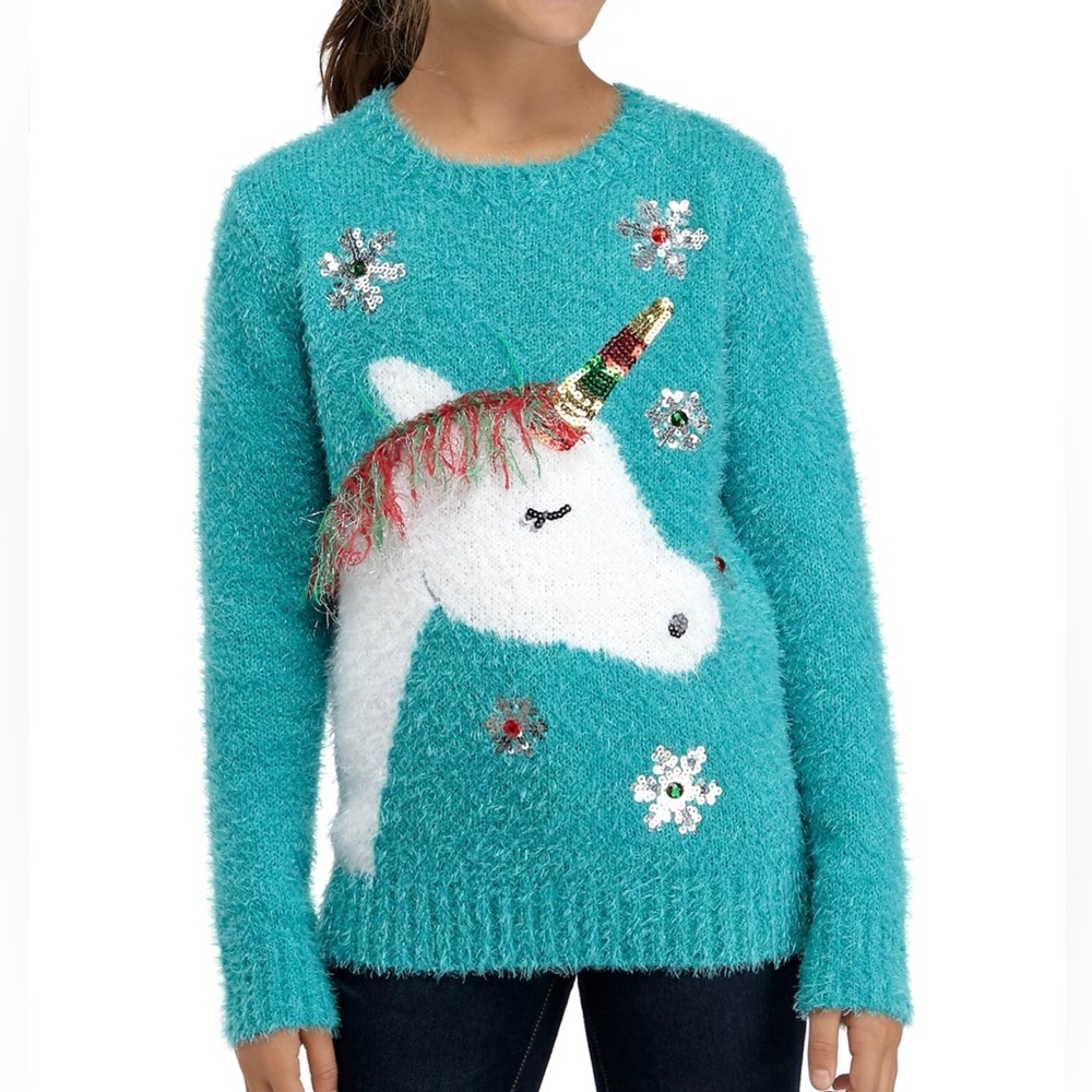 Joyland Girls Size L 14-16 Teal Fuzzy Unicorn Christmas Sweater Sequin